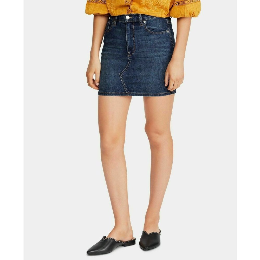 Free People Sz 26 Teagan Jean Mini Skirt Modern Femme Dark Denim Blue